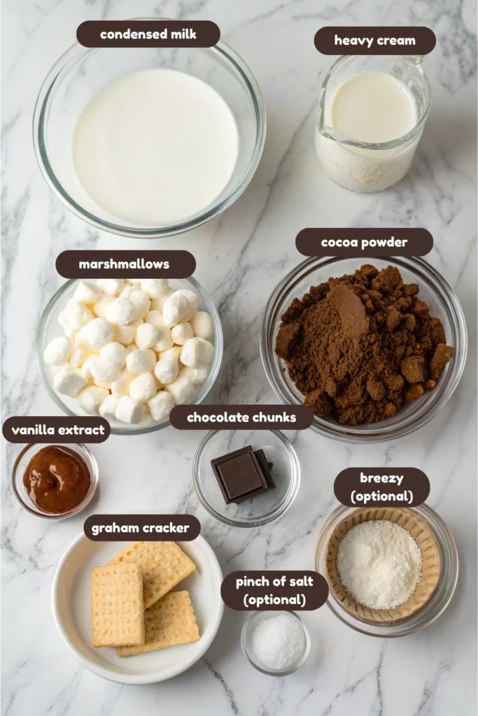 Rocky Road Ice Cream Without Nuts 18 Ingredients for Rocky Road Ice Cream Without Nuts displayed on a marble surface