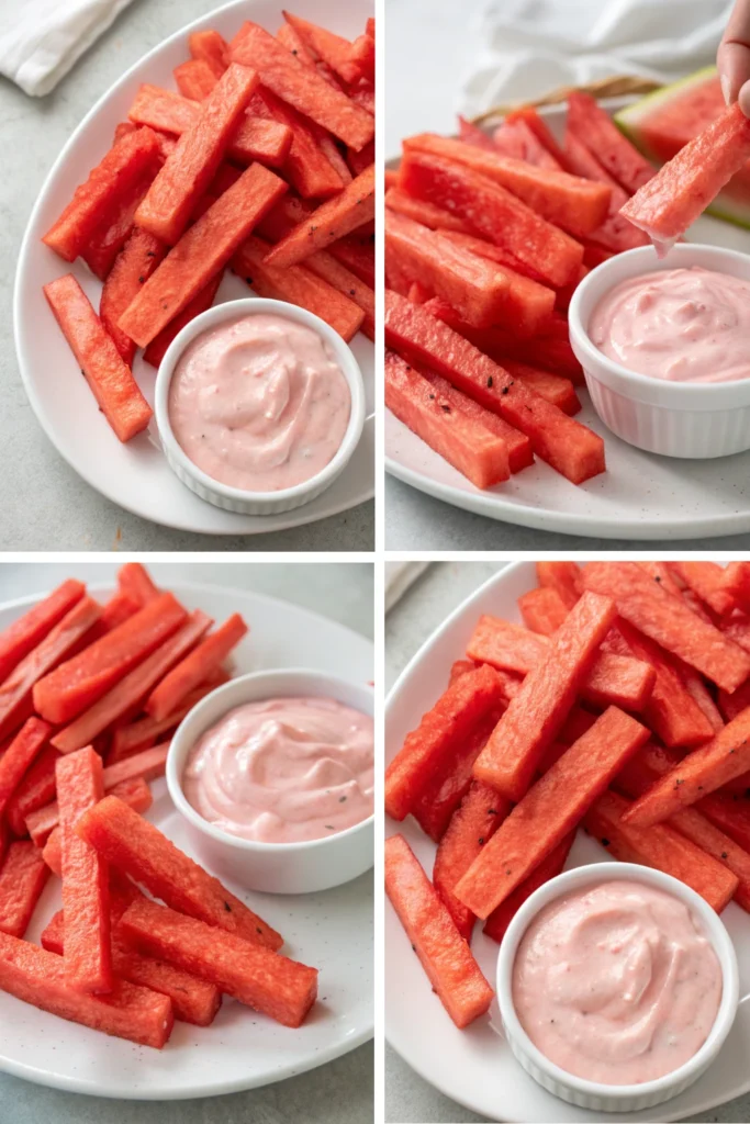 Watermelon fries 13 Watermelon fries served with strawberry yogurt dip on white plates