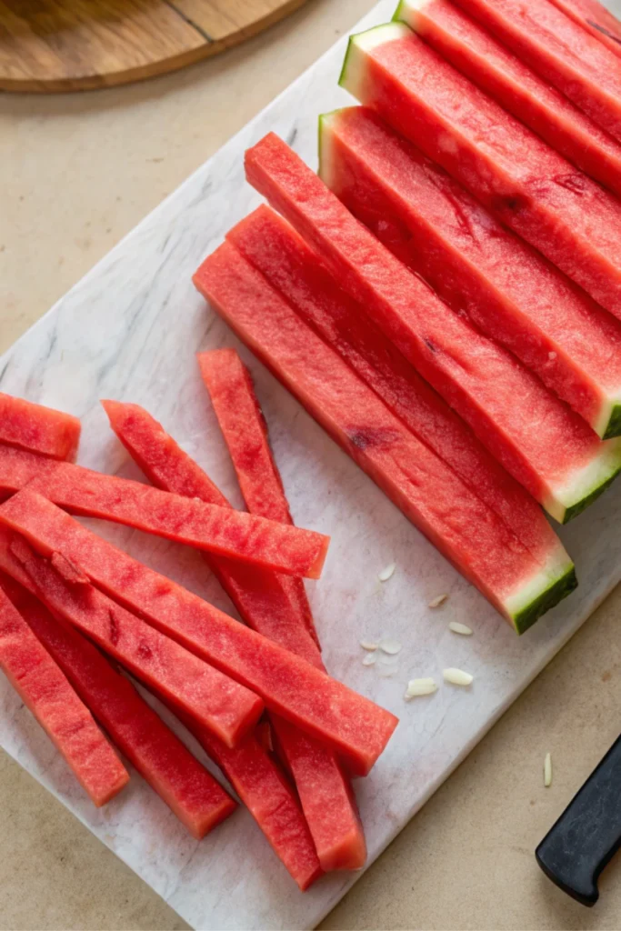 Watermelon fries 12 Sliced watermelon sticks on a cutting board to shape watermelon fries