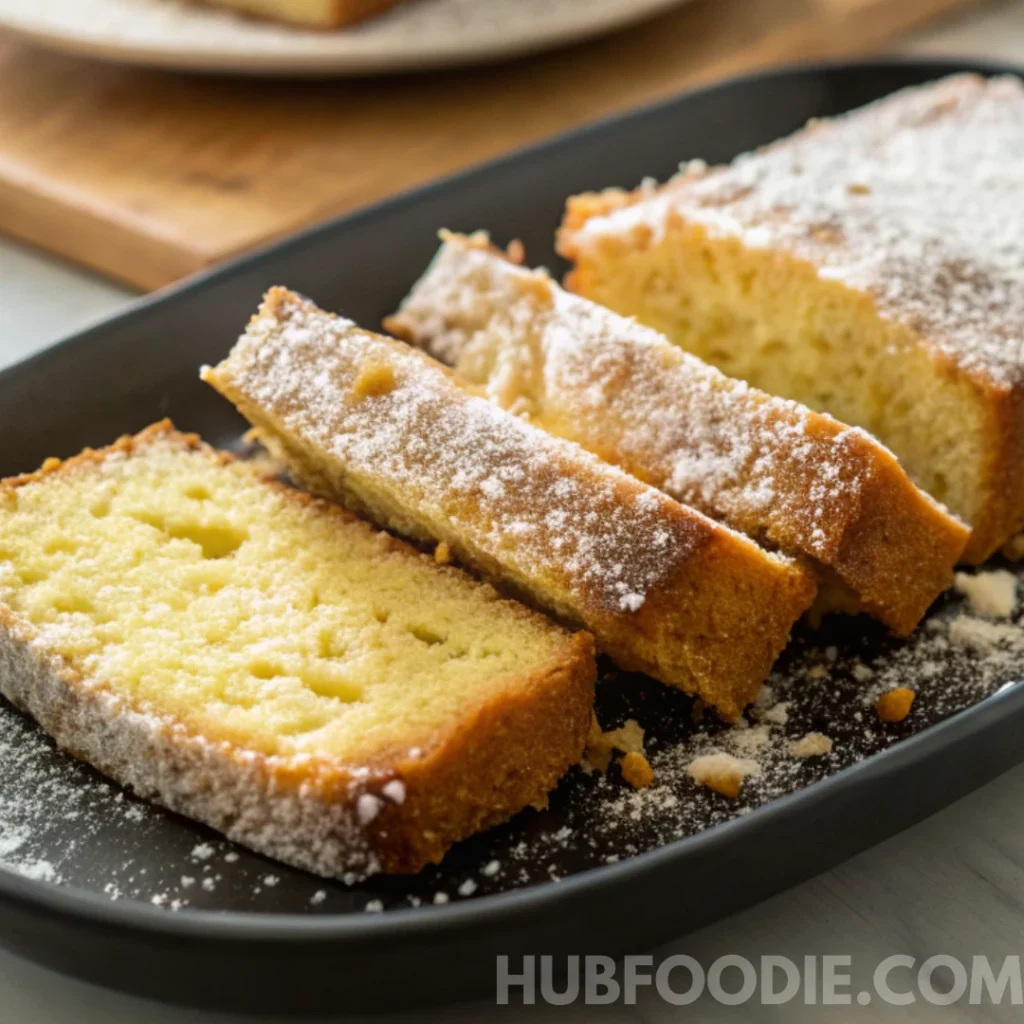 lemon squash bread recipe 31 Sliced squash bread cooled and dusted with powdered sugar on a black plate.