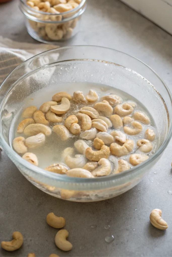 Raw Vegan Matcha Cheesecake Recipe 20 Soaked cashews in a glass bowl for raw vegan matcha cheesecake