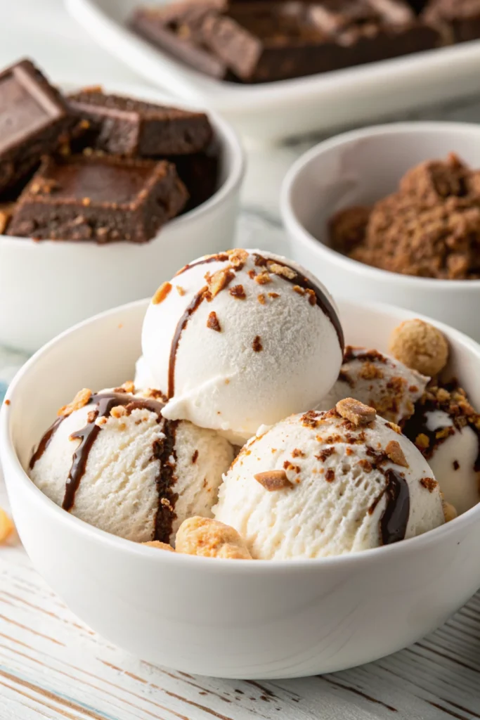 Vegan Chocolate Ice Cream No Coconut 19 Scoops of vanilla vegan ice cream topped with chocolate syrup, crushed cookies, and soft marshmallow pieces in a white bowl.