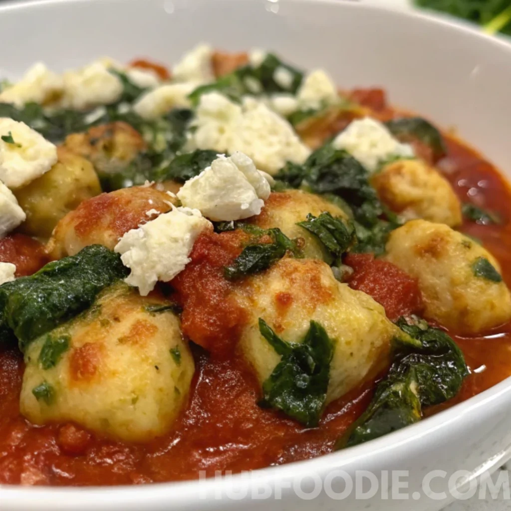 Gnocchi Feta Recipe 22 Gnocchi feta with spinach in tomato sauce, topped with crumbled feta cheese.