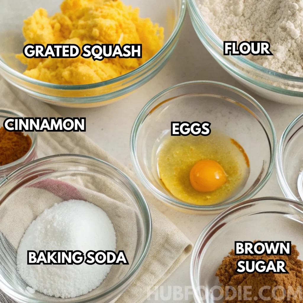 Squash Bread Recipe 18 Ingredients for squash bread including grated squash, flour, eggs, brown sugar, cinnamon, and baking soda.