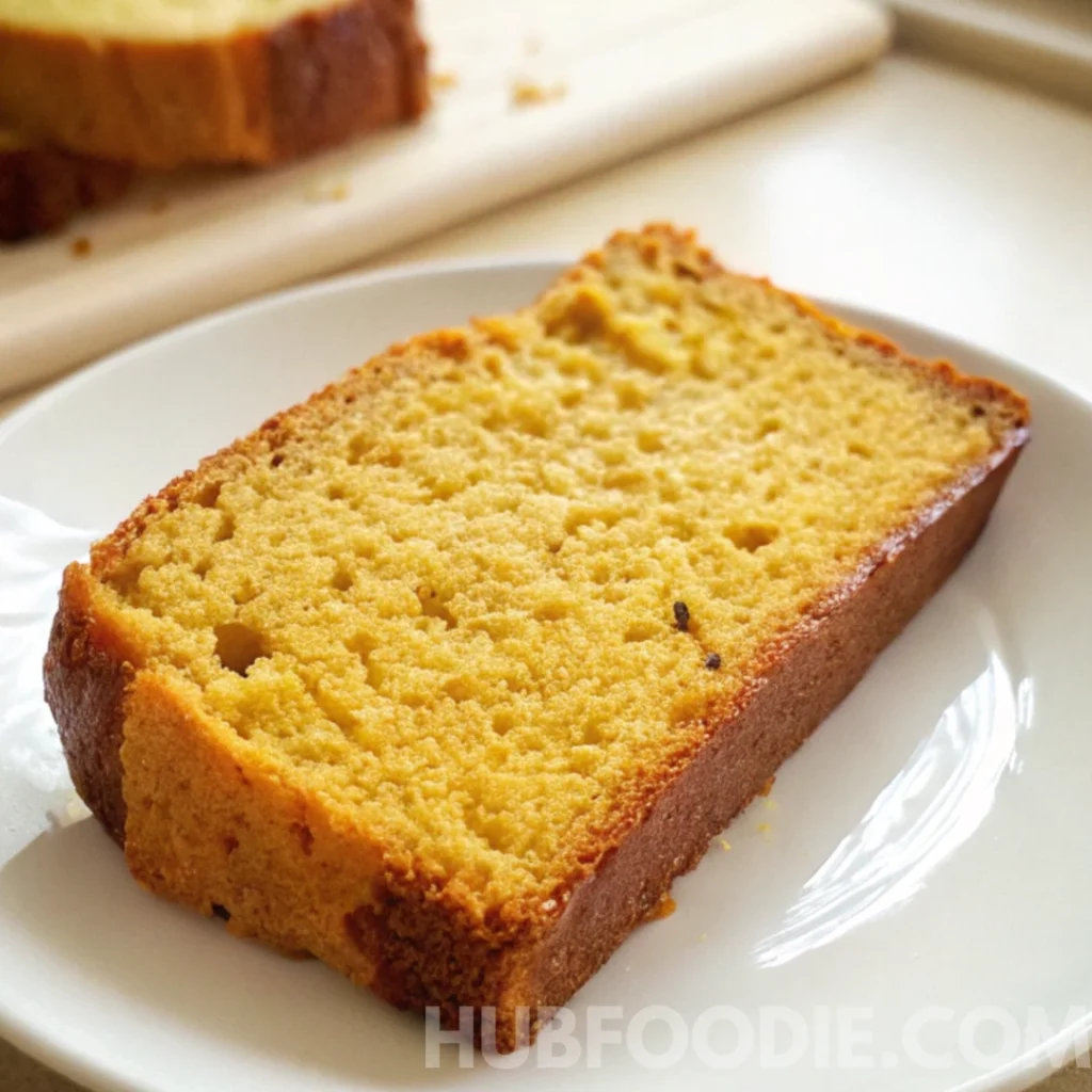 Squash Bread Recipe 16 Close-up of a single slice of moist squash bread on a white plate.