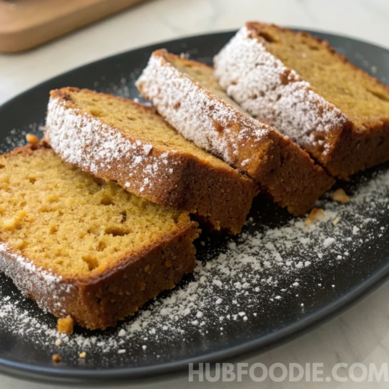 Slices of homemade squash bread dusted with powdered sugar on a black plate.