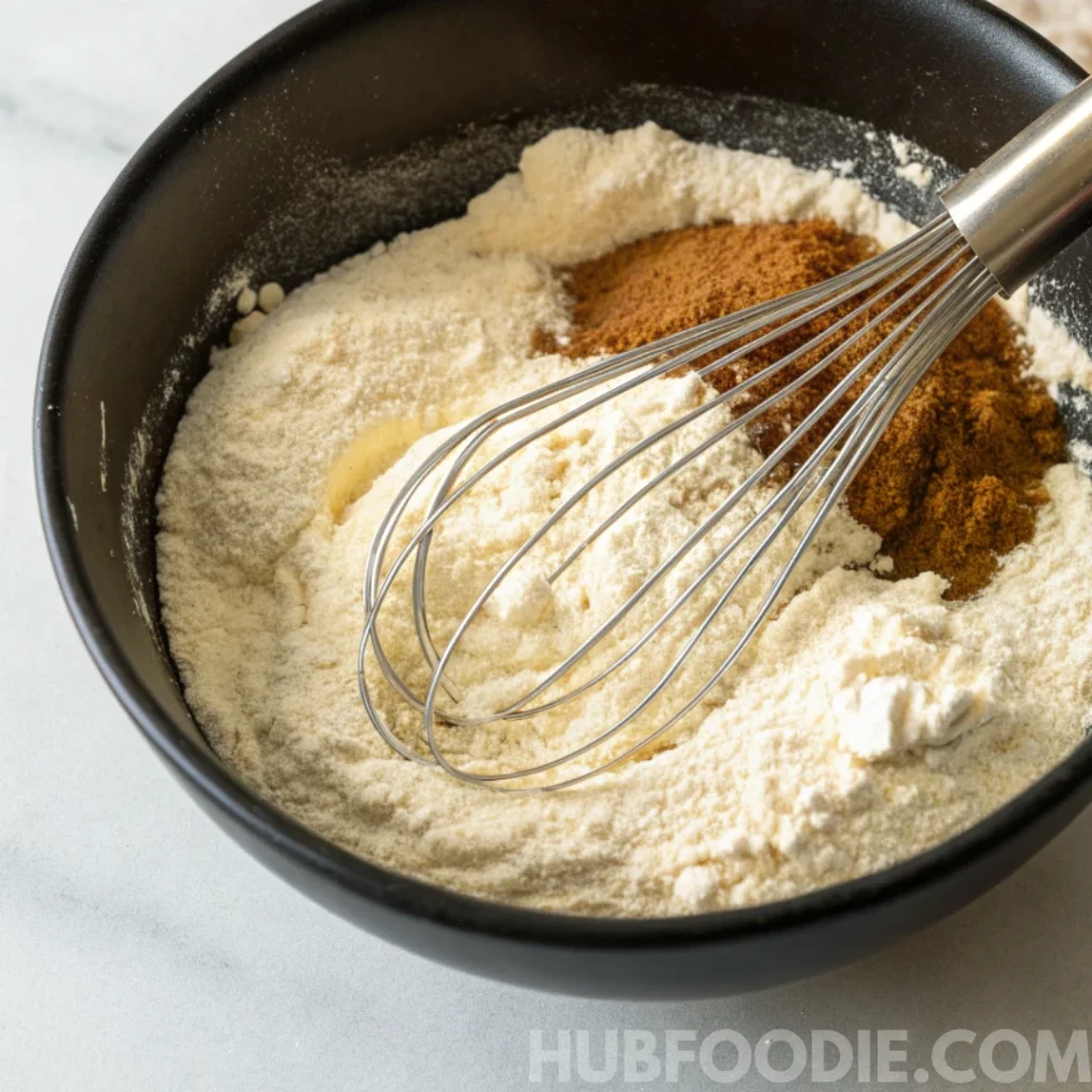 lemon squash bread recipe 24 Whisking flour and spices in a black bowl to prepare dry ingredients for squash bread.