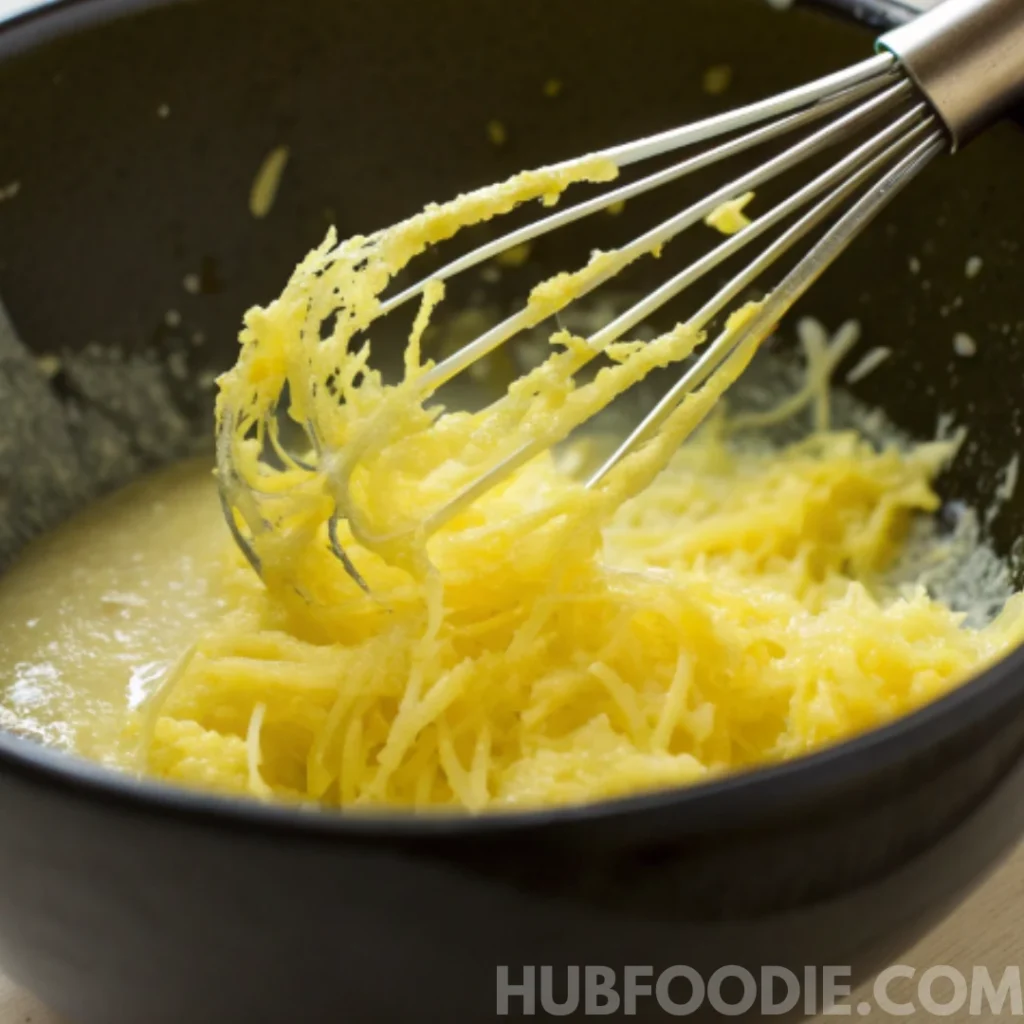 lemon squash bread recipe 26 Mixing grated squash into the wet mixture for squash bread in a black bowl.