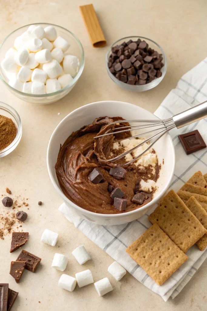 Rocky Road Ice Cream Without Nuts 22 Chocolate mixture in a bowl with marshmallows, graham crackers, and chocolate chunks around