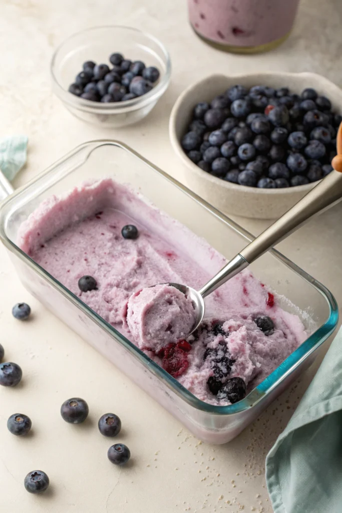 Blueberry vegan ice cream 16 Scooping blueberry vegan ice cream from a glass container with whole berries inside