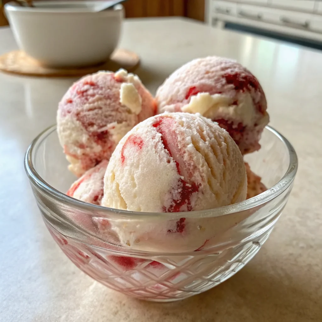 Vegan Berry Ice Cream 23 Scoops of Vegan Strawberry Swirl Ice Cream in a glass bowl