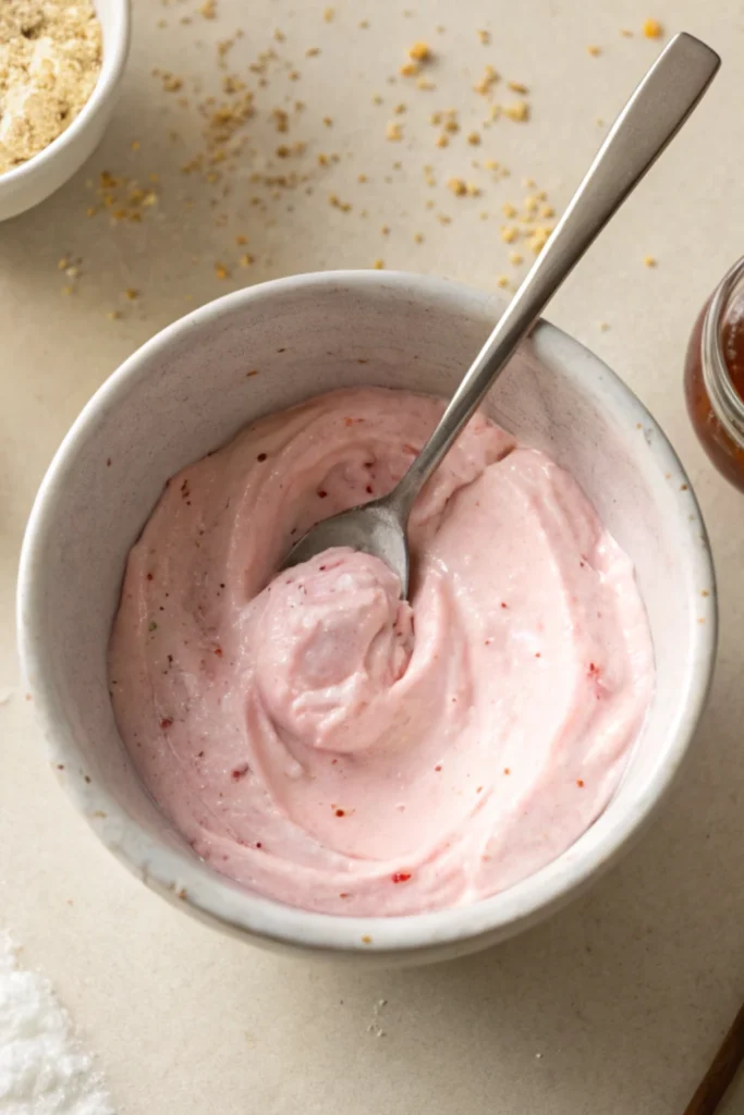 Watermelon Fries and Strawberry Dip 9 Creamy strawberry dip prepared for watermelon fries and strawberry dip recipe