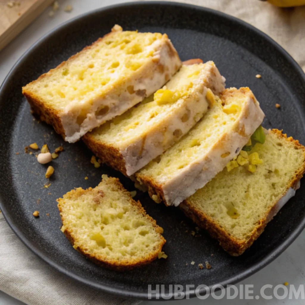 lemon squash bread recipe 35 Slices of summer squash bread with glaze and chopped nuts on a dark plate.
