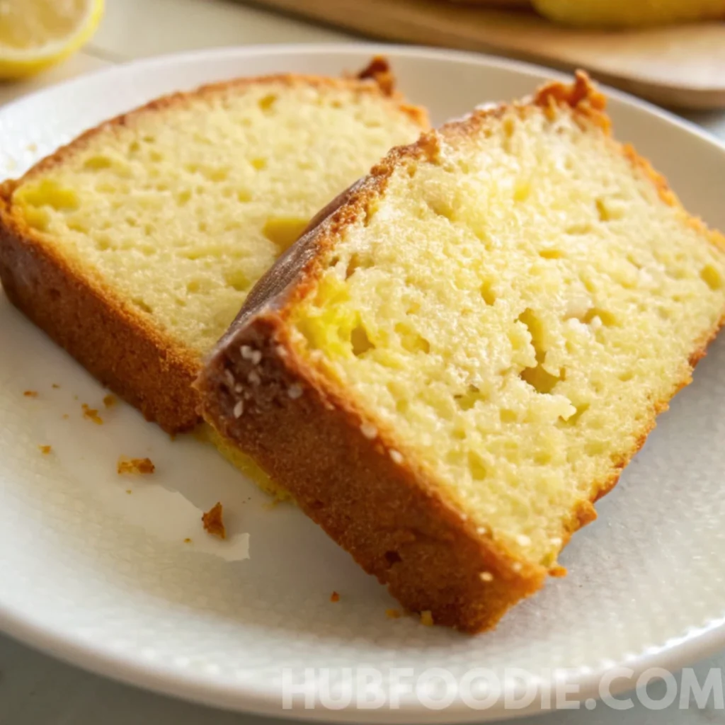 Squash Bread Recipe 26 Two slices of moist squash bread with lemon on a white plate.