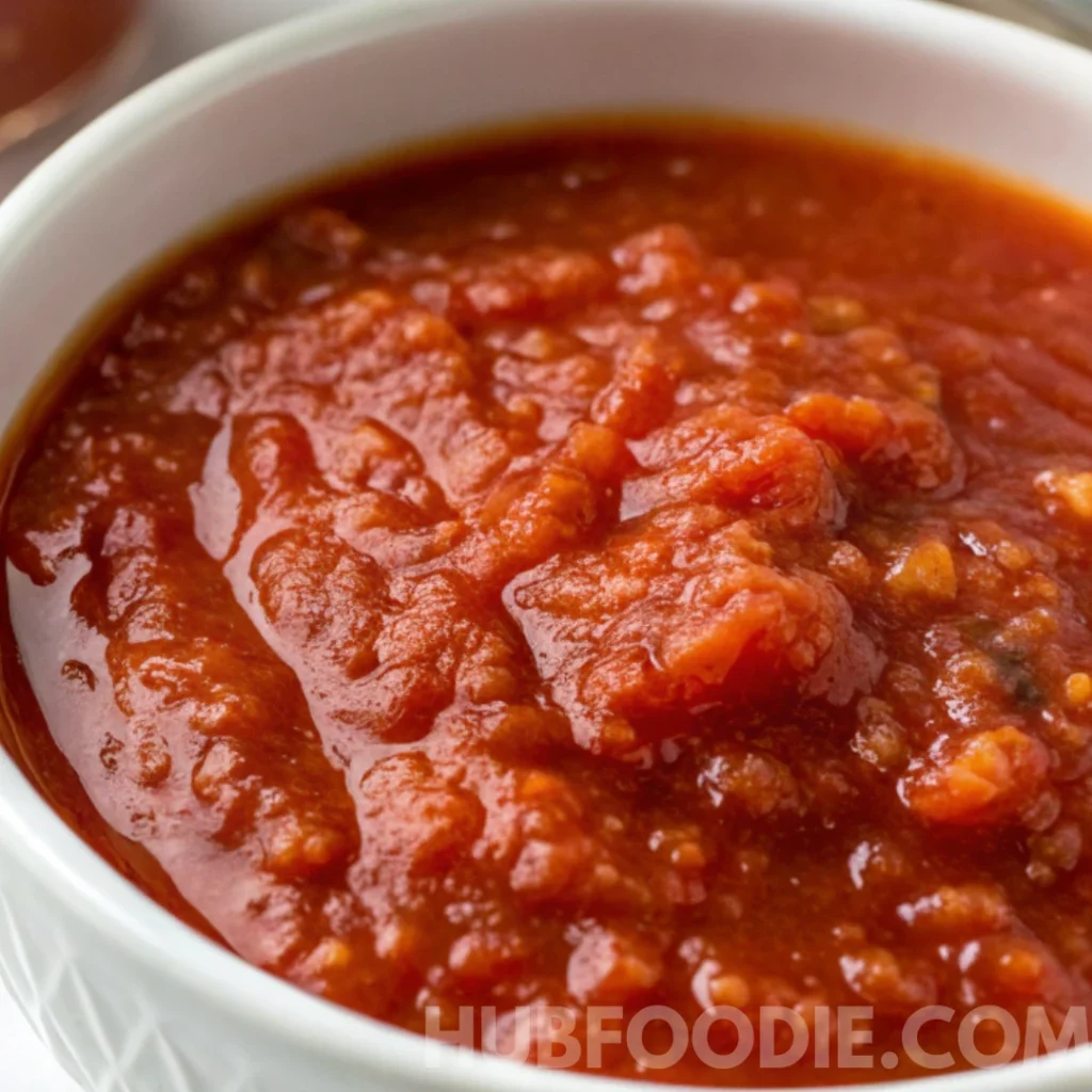 Gnocchi Amalfitani Recipe 21 Rich tomato basil sauce in a white bowl for Gnocchi Amalfitani.