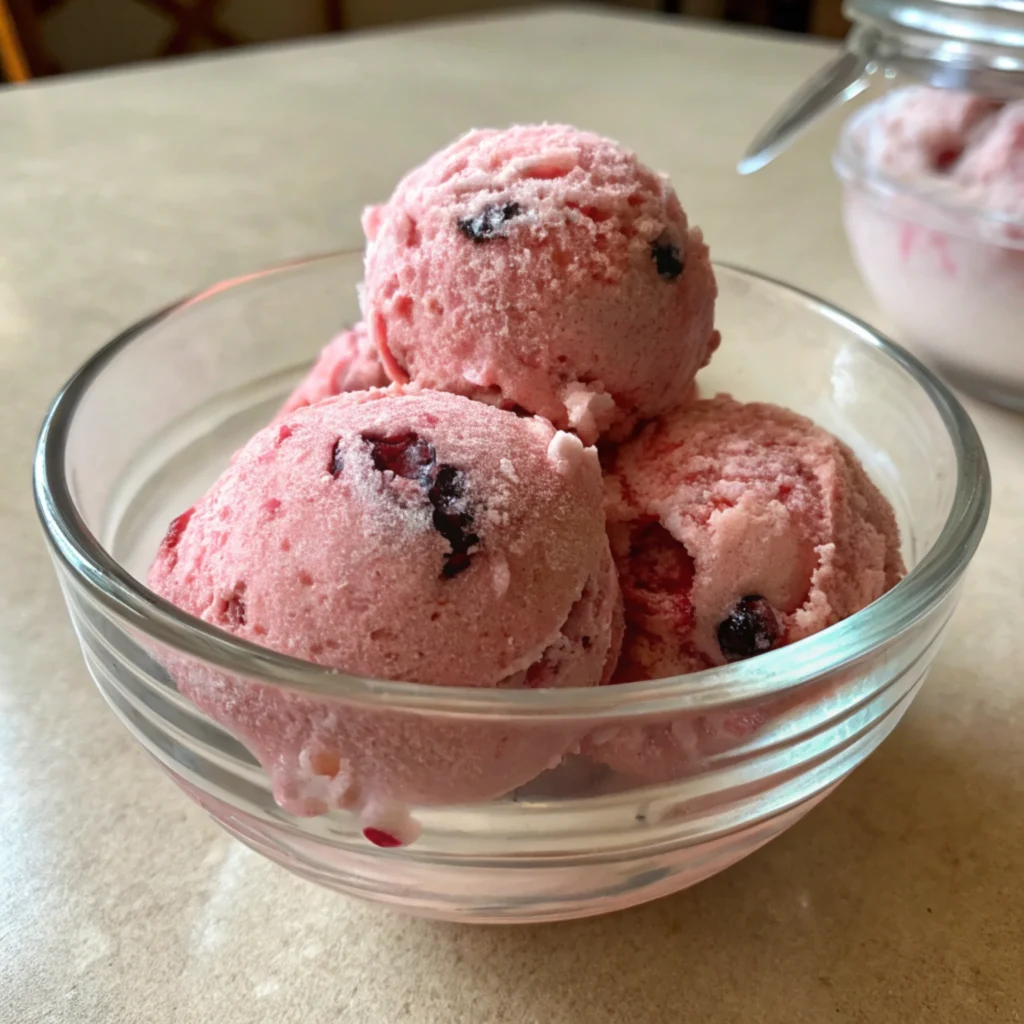 Vegan Berry Ice Cream 15 Scoops of Vegan Berry Ice Cream in a glass bowl
