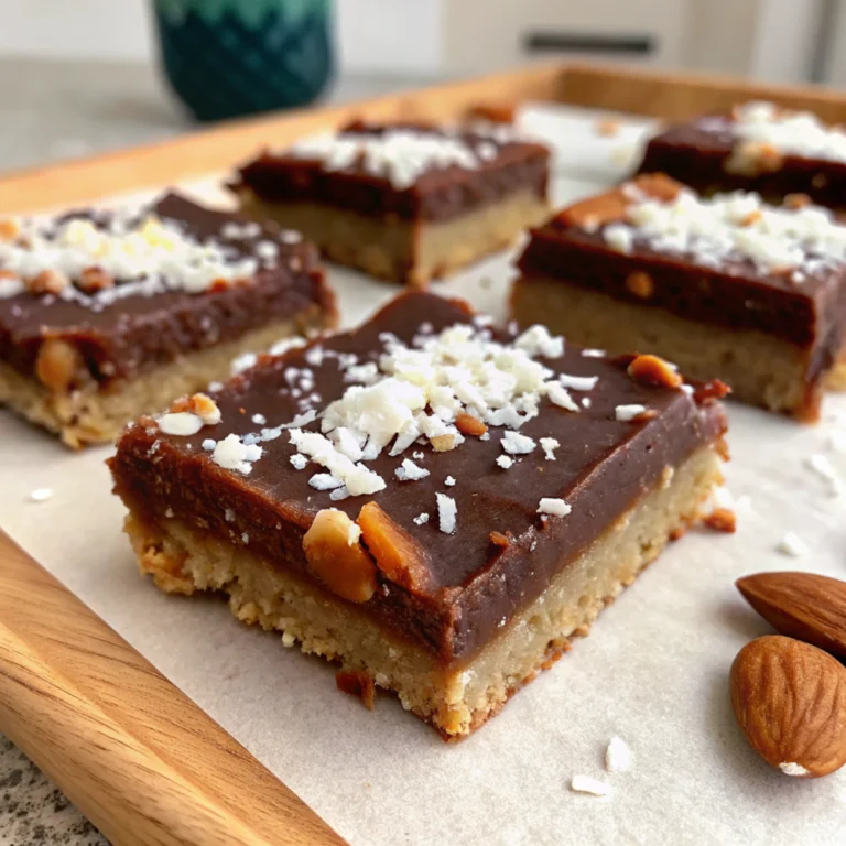 Vegan Chocolate Coconut Bars topped with coconut flakes and almonds