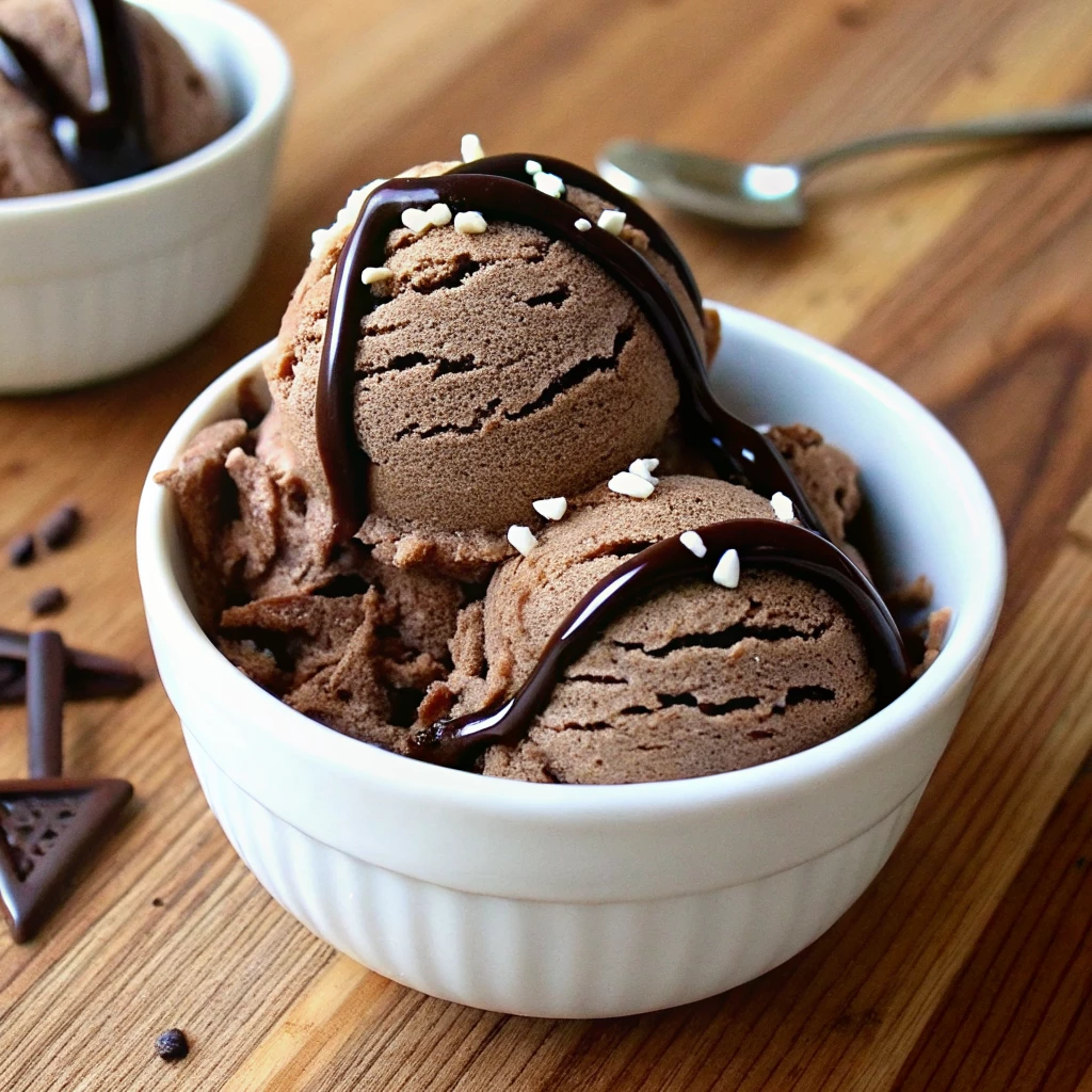 Vegan Chocolate Ice Cream No Coconut 17 Scoops of creamy vegan chocolate ice cream topped with chocolate sauce and white sprinkles in a white ramekin