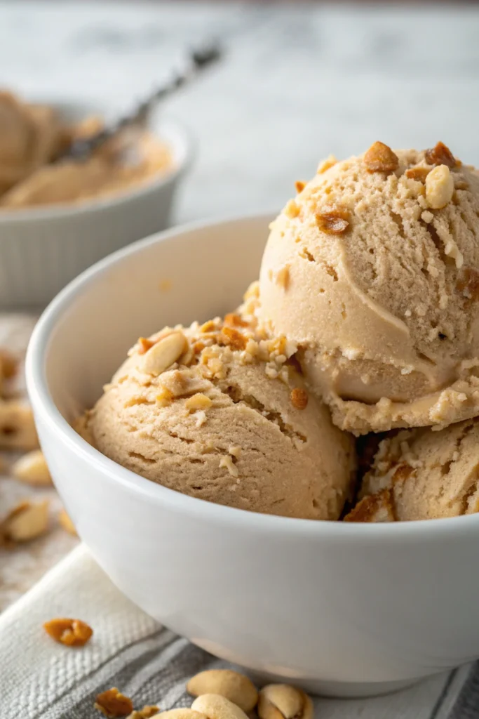 Vegan Chocolate Ice Cream No Coconut 18 Vegan peanut butter ice cream scoops topped with crushed peanuts in a white bowl.