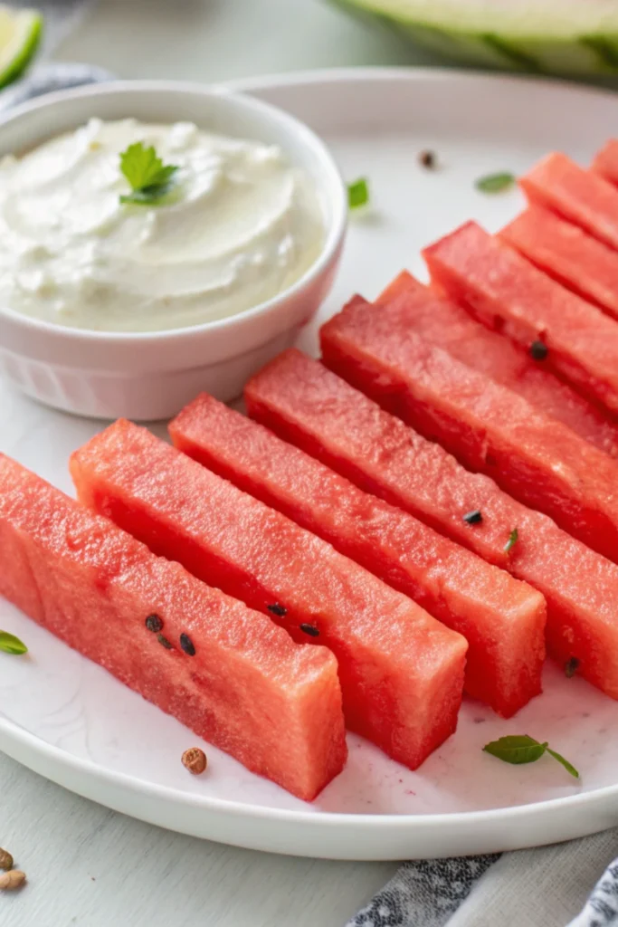 Watermelon fries 14 Watermelon fries served with coconut lime dip on a white plate