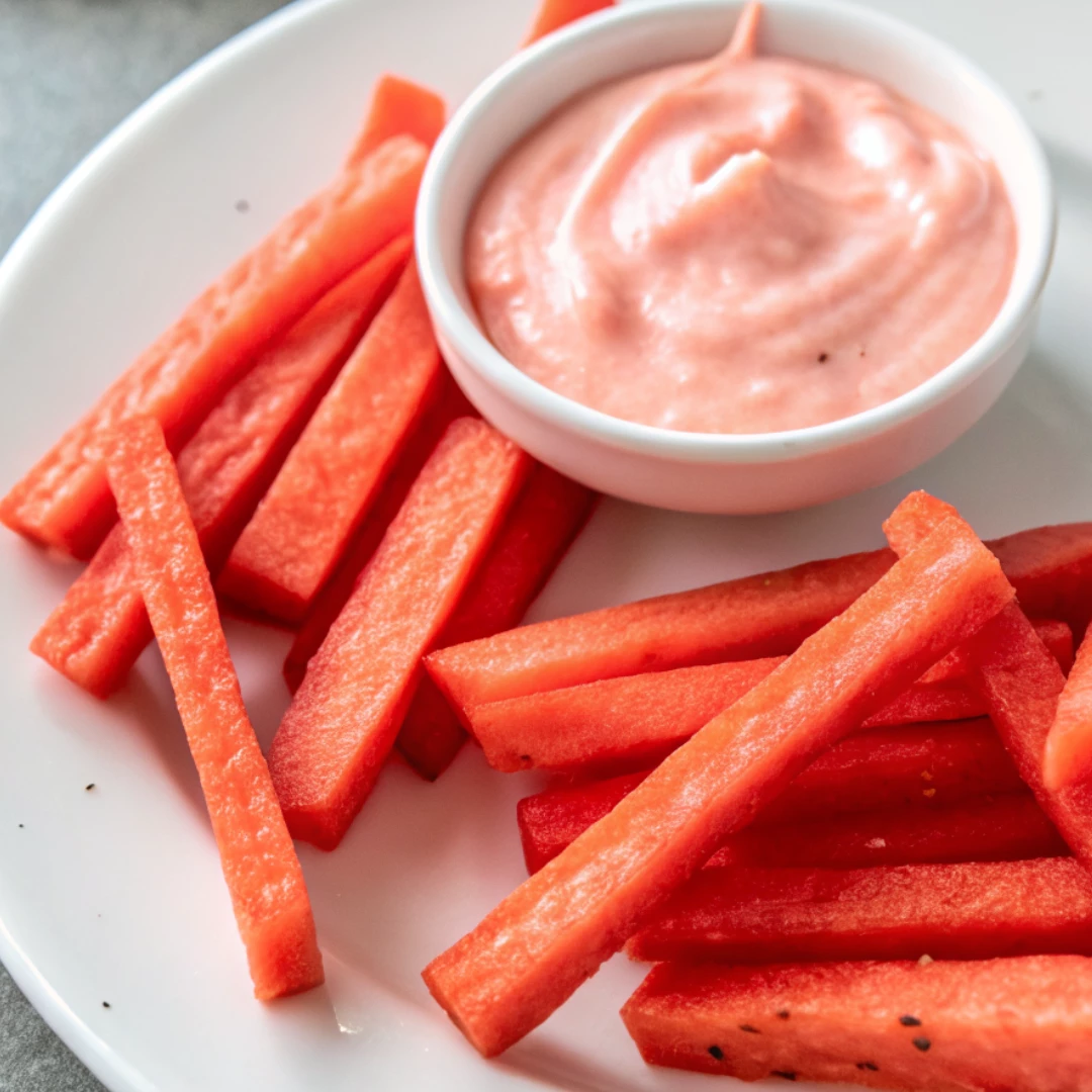 Watermelon fries served on a white plate with a creamy dip