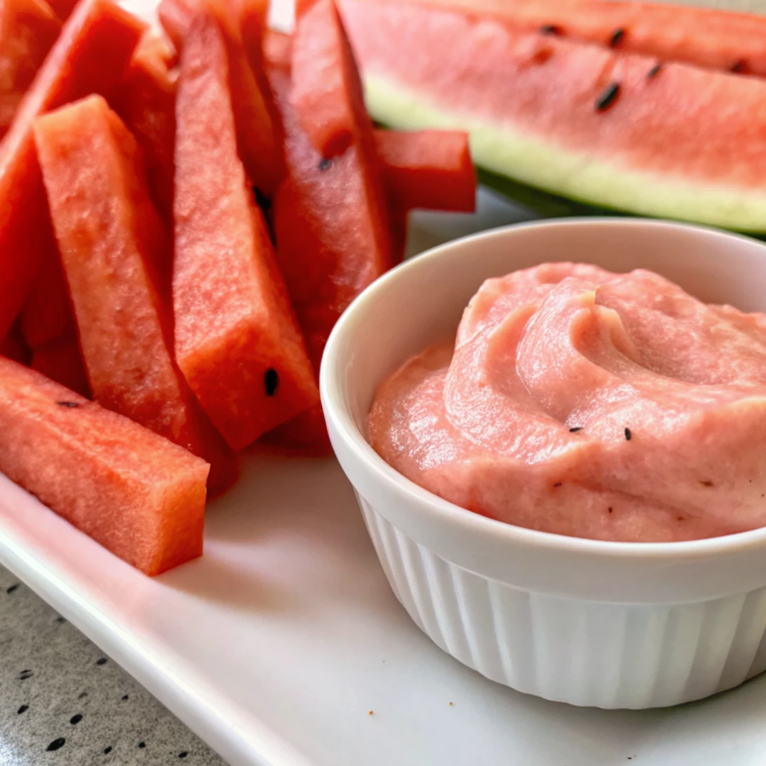 Watermelon fries and strawberry dip served on a white plate with creamy fruit dip in a ramekin