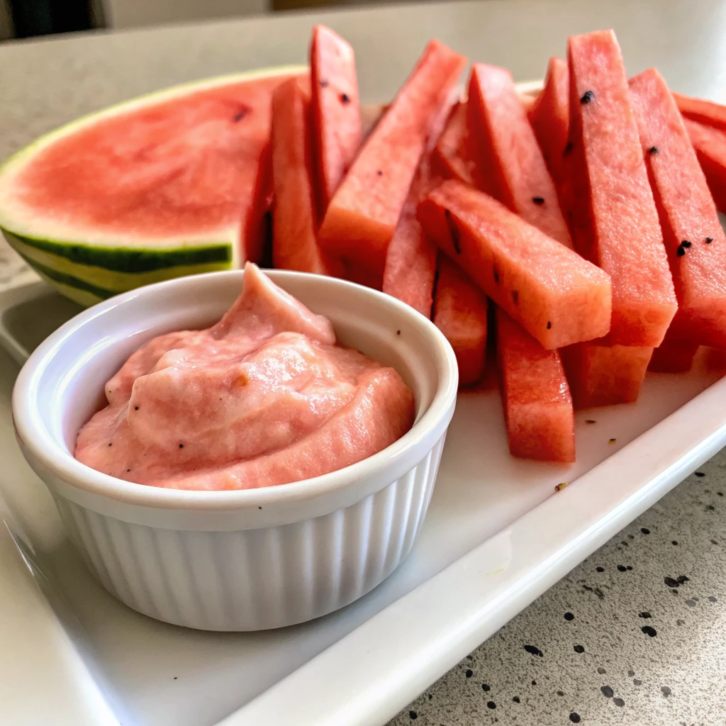 Watermelon Fries and Strawberry Dip 6 Watermelon fries and strawberry dip on a white tray with fresh watermelon wedges in the background