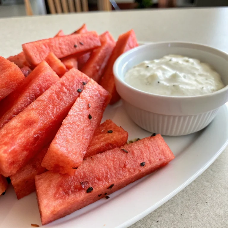 Watermelon fries with coconut lime dip on a white plate