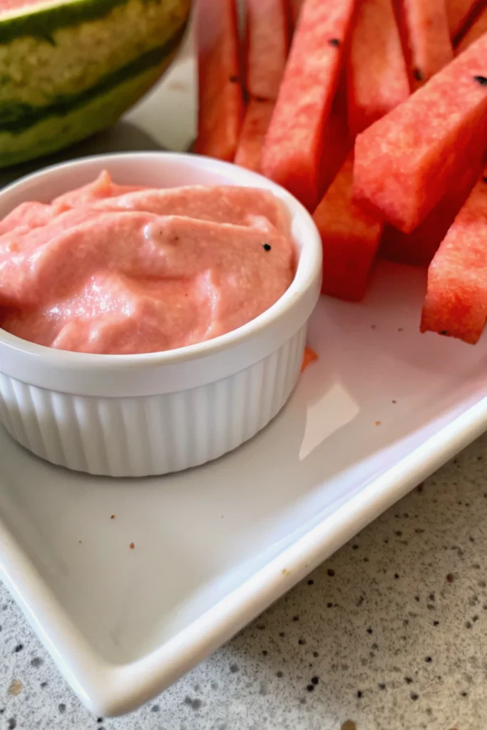 Watermelon Fries and Strawberry Dip 7 Close-up of watermelon fries and strawberry dip served in a white ramekin