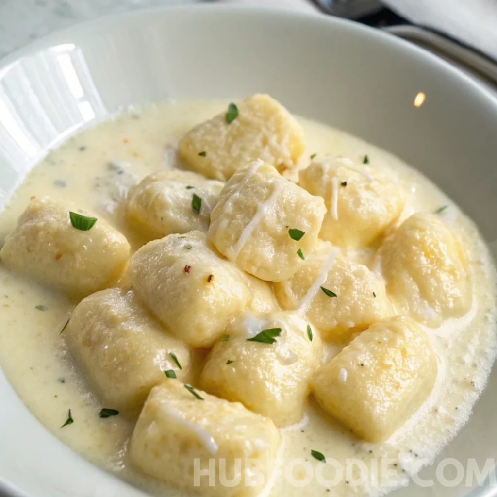 Gnocchi Noodles Recipe 16 Gnocchi noodles in a creamy white sauce garnished with herbs.