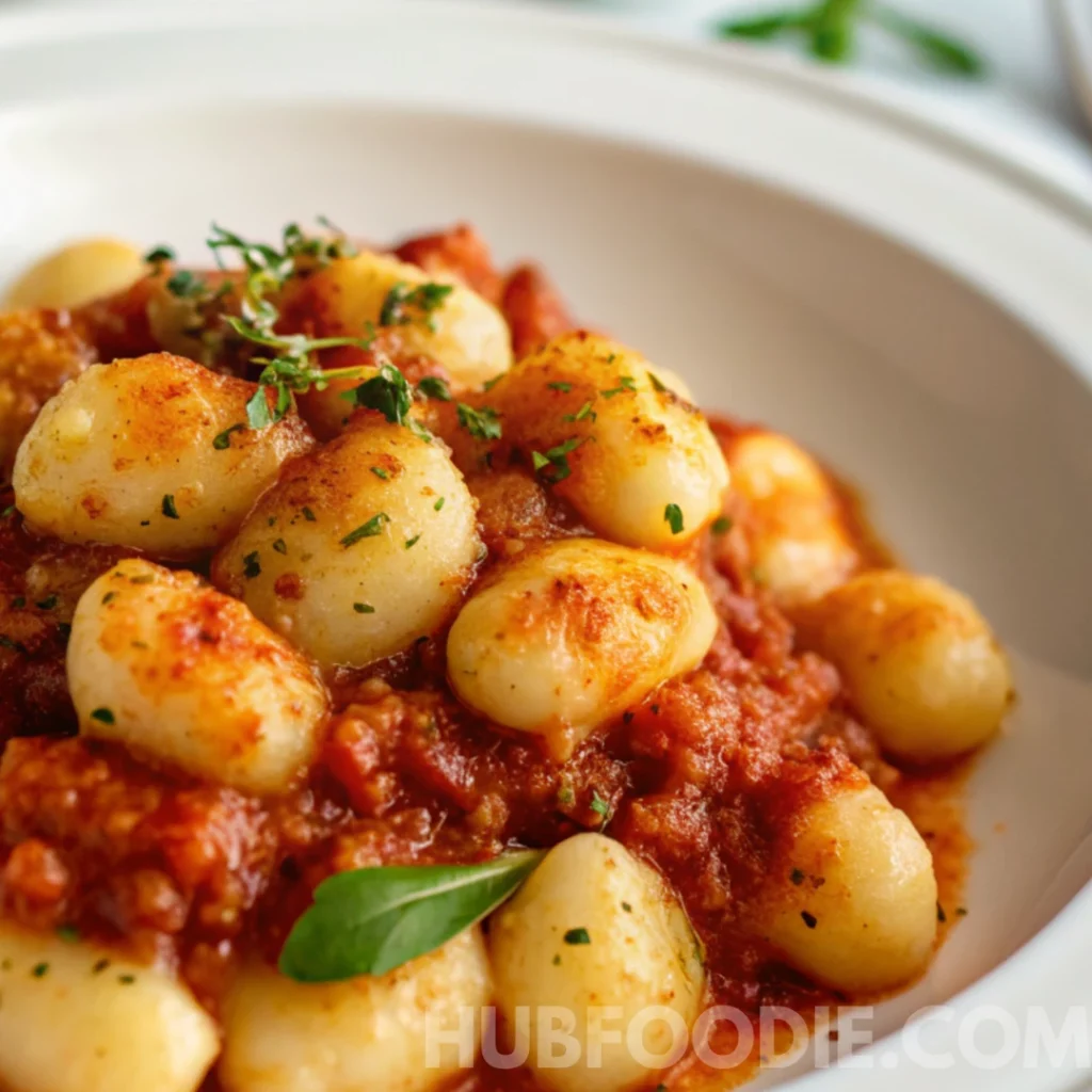 Gnocchi and Pasta Sauce Recipe 18 Potato gnocchi smothered in pasta sauce, garnished with chopped parsley and a basil leaf in a white bowl.