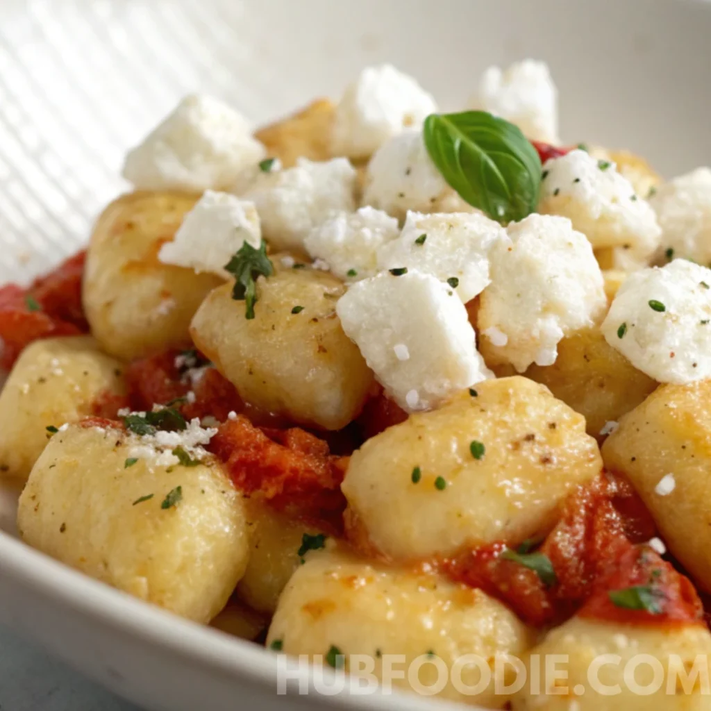 Gnocchi Feta Recipe 14 nocchi feta dish with golden gnocchi, tomato sauce, feta cubes, and basil.