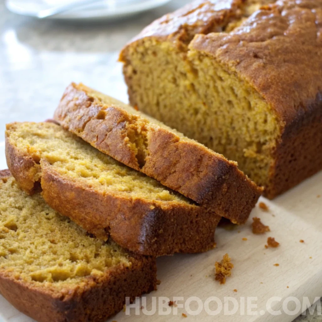 Squash Bread Recipe 17 Freshly baked loaf of squash bread with a few slices cut on a wooden board.