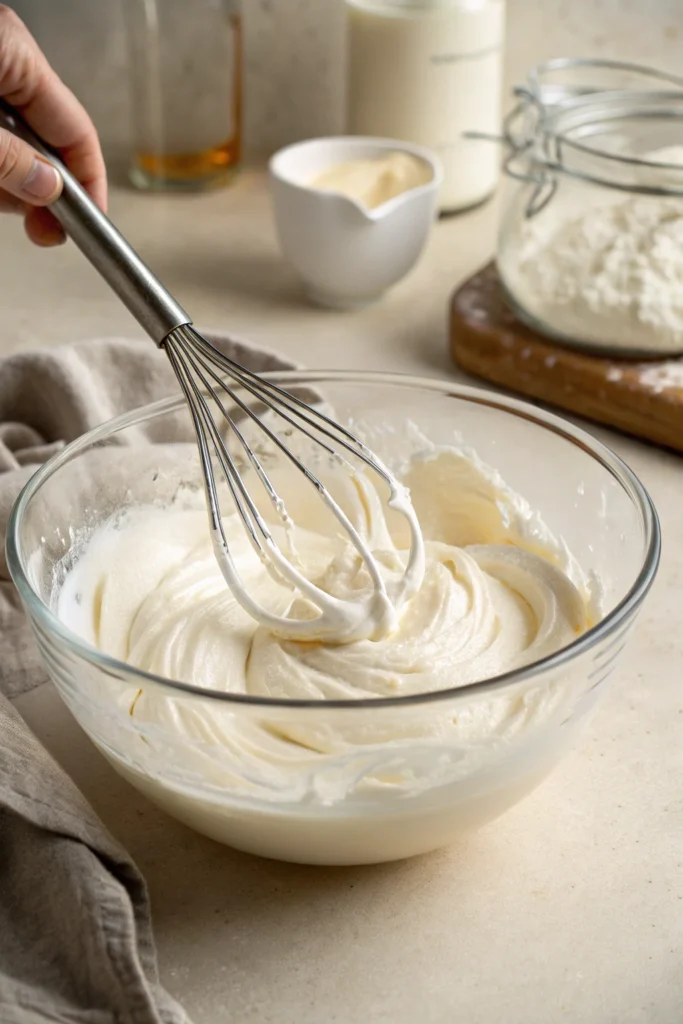 Rocky Road Ice Cream Without Nuts 19 Whipped cream in a glass bowl with a whisk, showing stiff peaks