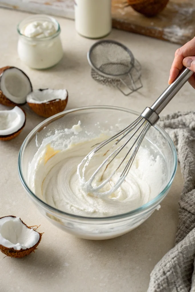 Rocky Road Vegan Ice Cream 16 Whisking thick coconut cream in a glass bowl for a vegan dessert