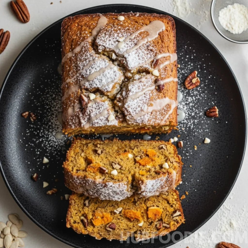 Sliced loaf of yellow squash bread with acorn squash, pecans, and white chocolate chips on a black plate.