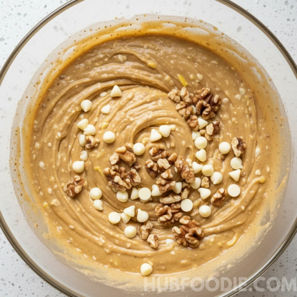 Yellow squash bread batter with white chocolate chips and chopped walnuts on top.