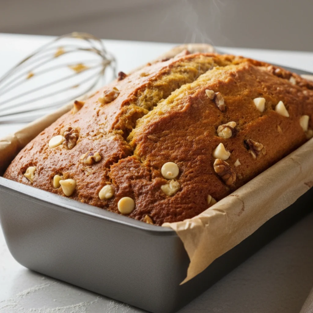 Freshly baked yellow squash bread in a loaf pan with white chocolate chips and walnuts.
