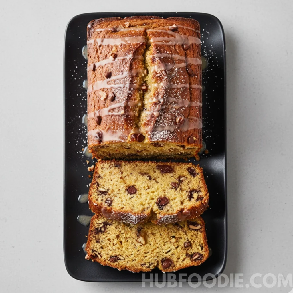 Sliced yellow squash bread with banana and chocolate chips on a black serving plate, drizzled with glaze.