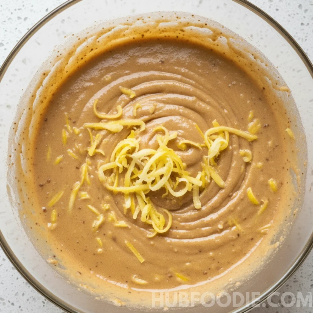 Grated yellow squash sitting on top of bread batter before being folded in.