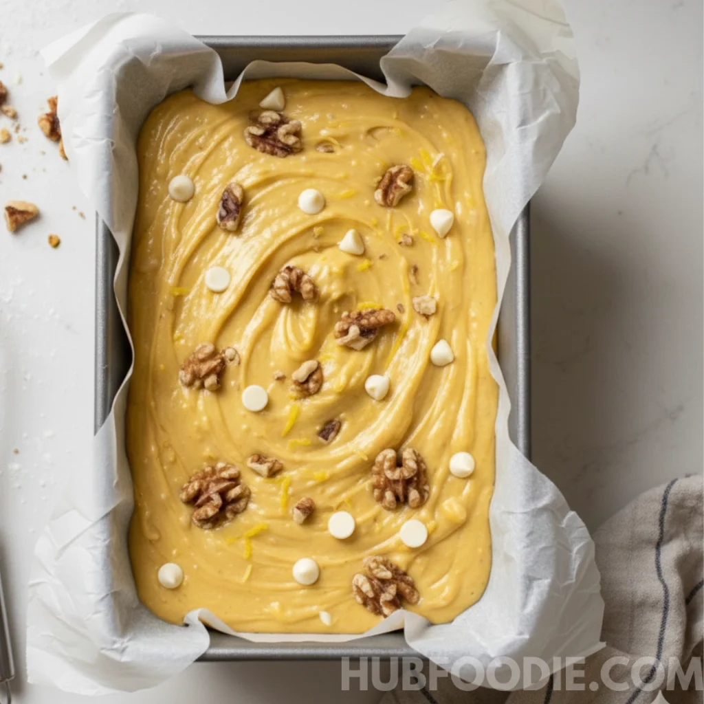 Yellow squash bread batter poured into a parchment-lined loaf pan, topped with walnuts and white chocolate chips.