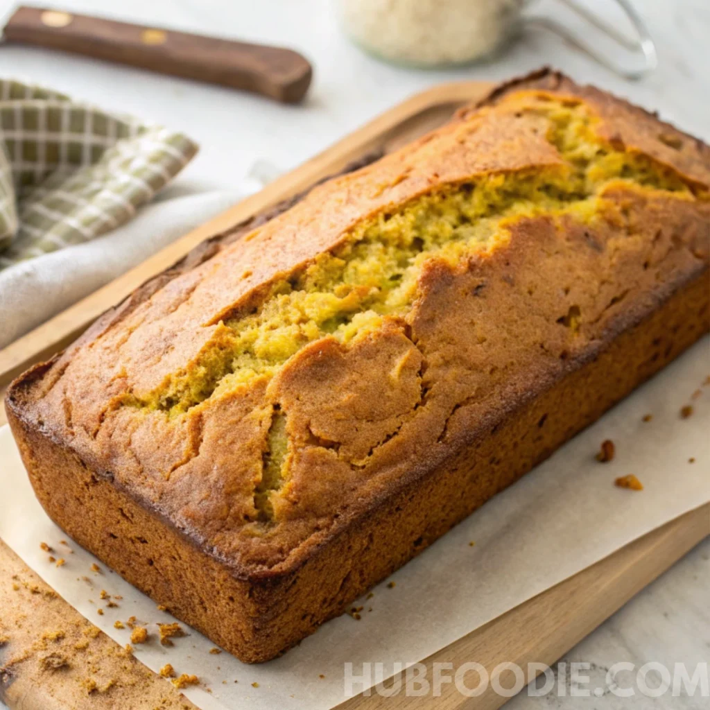 Whole baked yellow squash bread loaf cooling on parchment paper.