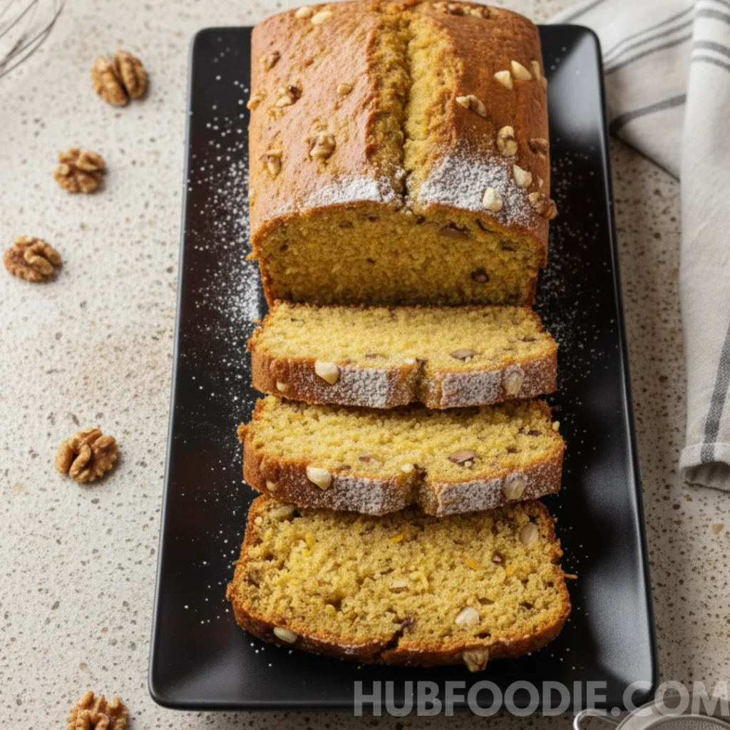 Sliced yellow squash bread loaf displayed on a black serving platter.