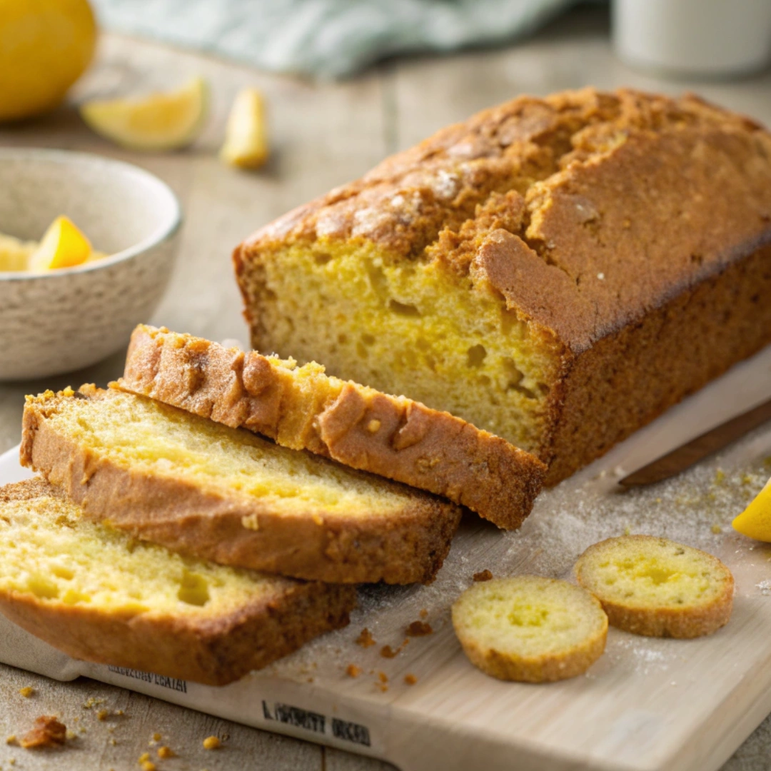 Sliced loaf of freshly baked yellow squash bread on a wooden cutting board.