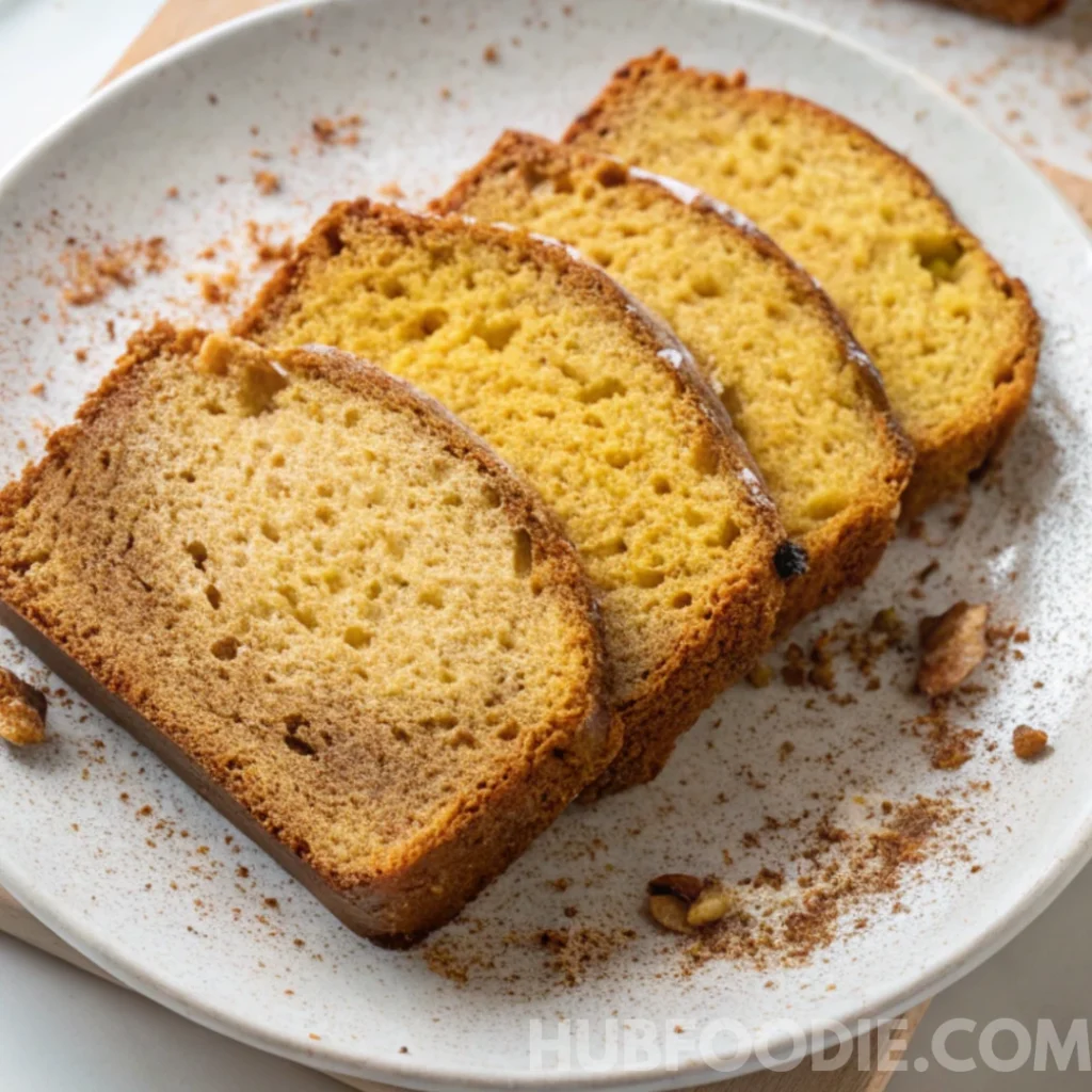 lemon squash bread recipe 33 Slices of yellow squash bread served on a white plate with scattered spices and nuts.