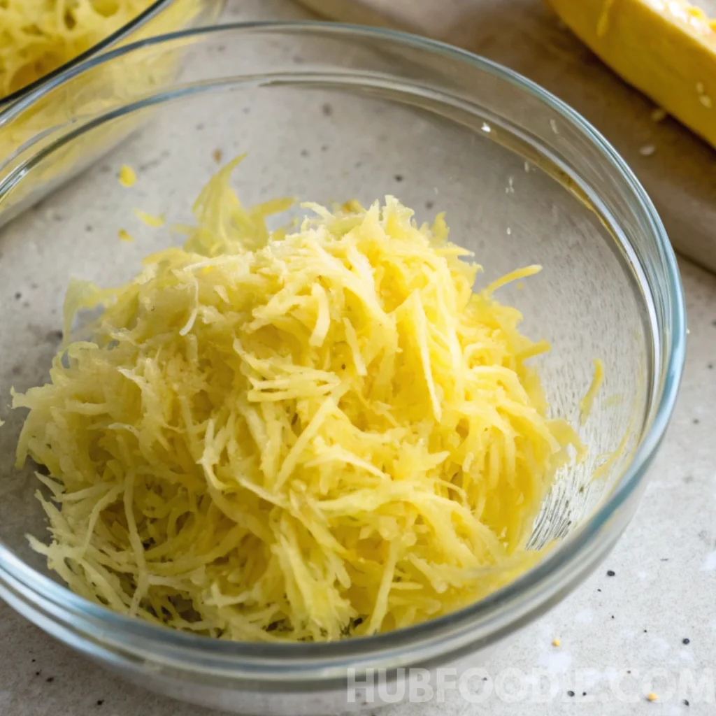 Freshly grated yellow squash in a glass bowl for yellow squash bread.