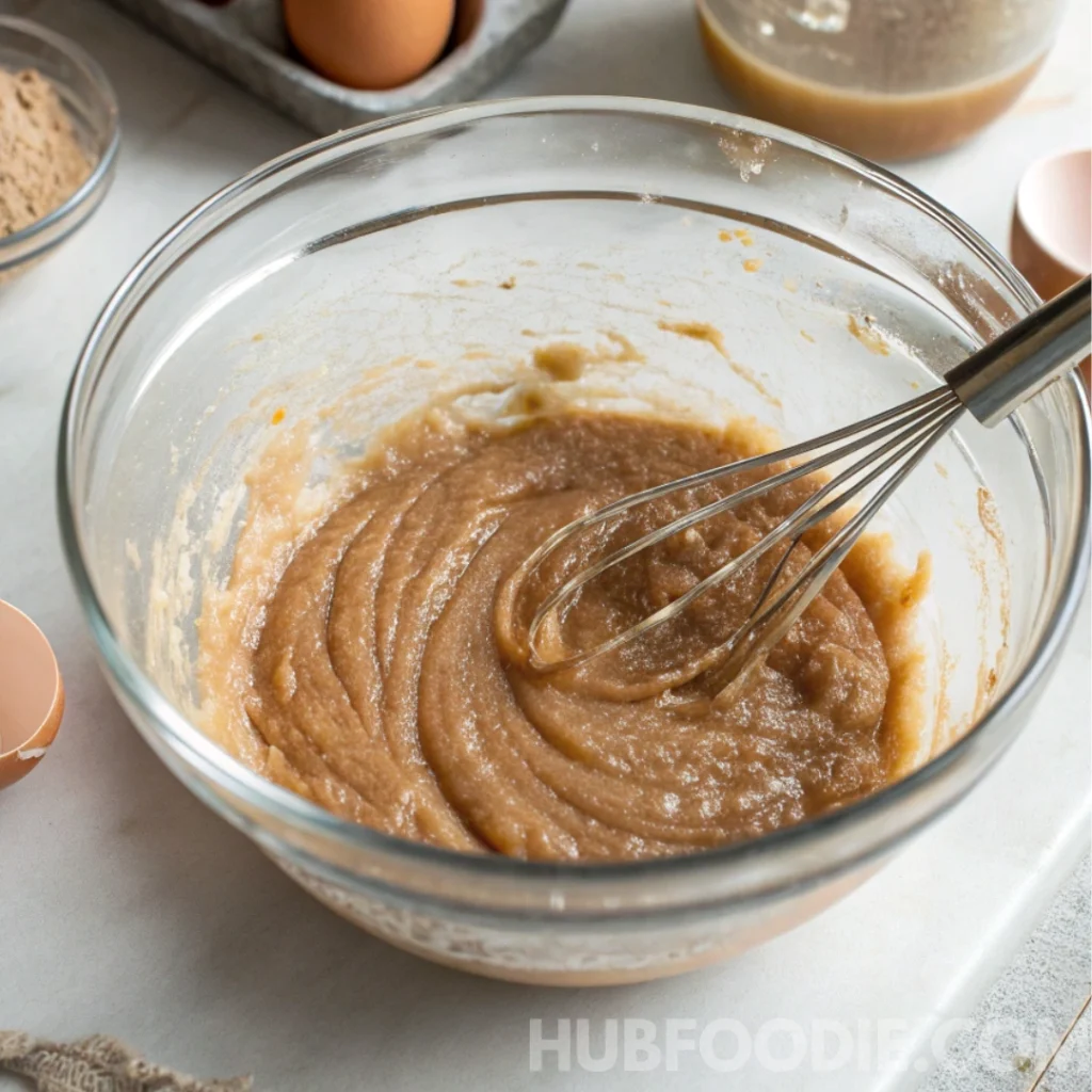 Wet ingredients mixed in a glass bowl with a whisk for yellow squash bread.