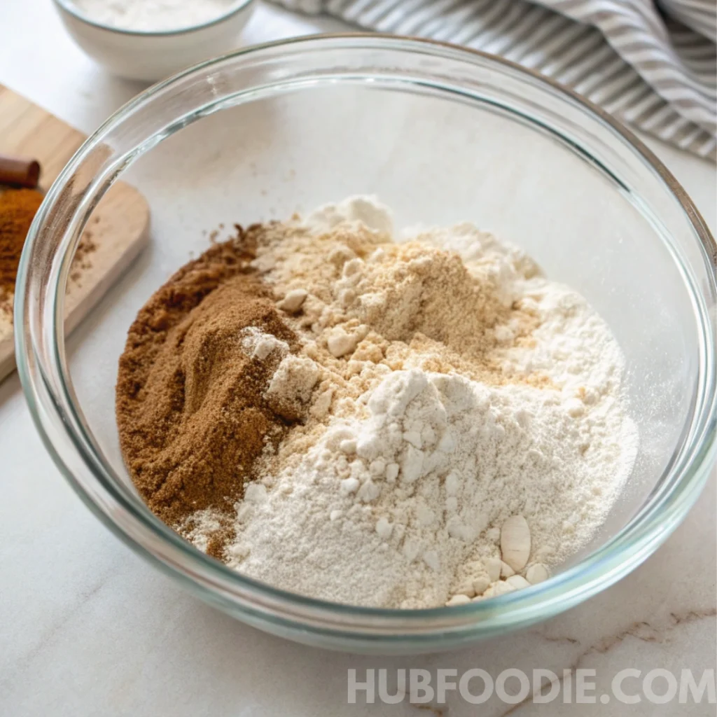 Dry ingredients for yellow squash bread in a glass bowl before mixing.