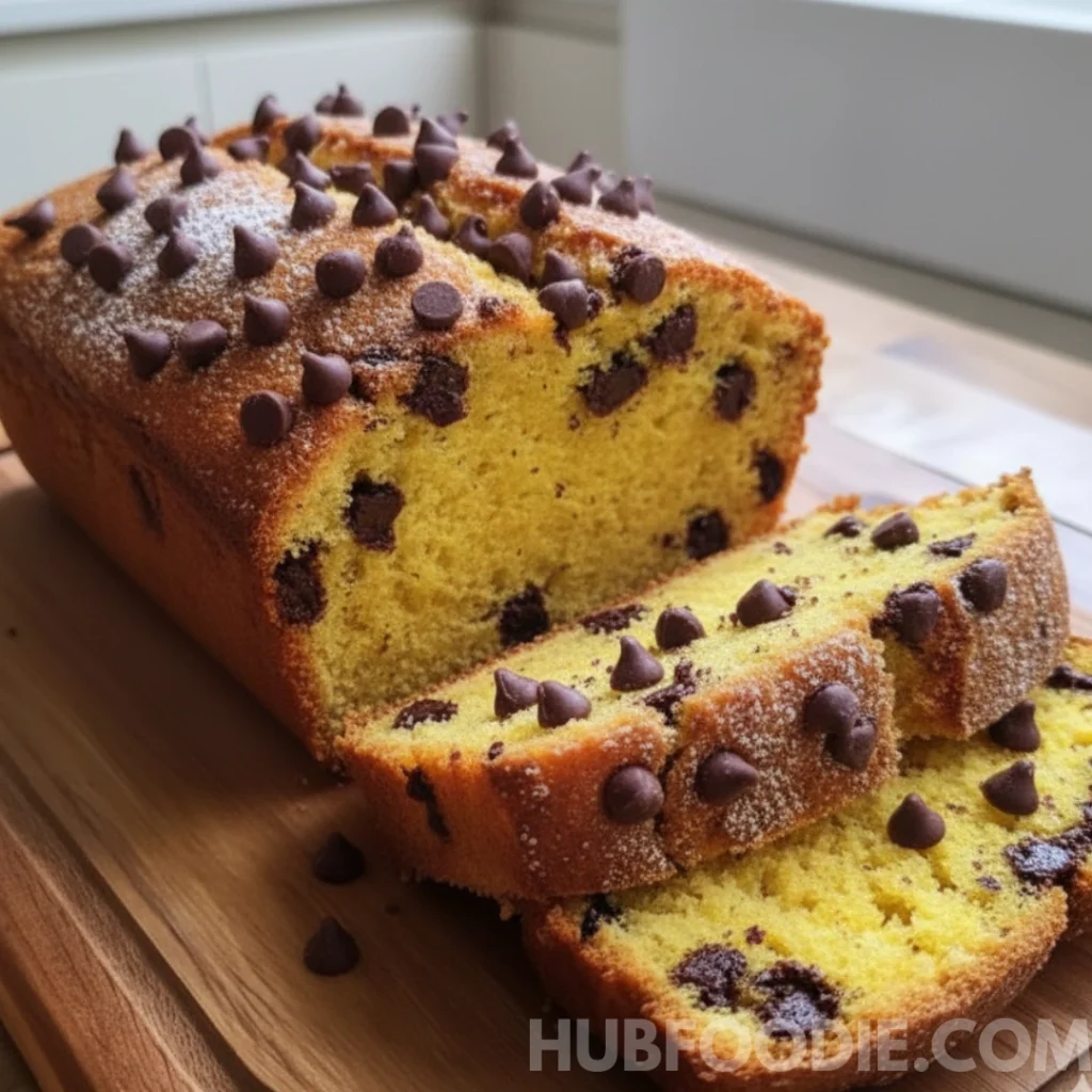 Yellow squash bread with dark chocolate chips baked in and sprinkled on top.